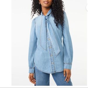 New - Women's tie-neck denim blouse, XL